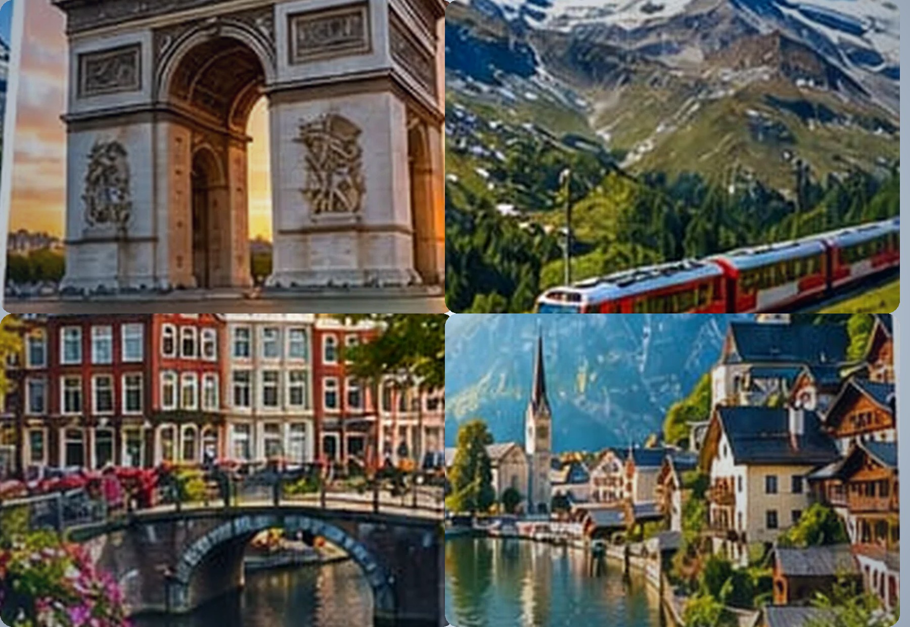 European alpine villages, lakes, Paris and canal scenery